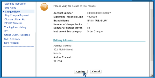 confirm button SBI Online Banking Tips - Get Account Summary, Cheque Book