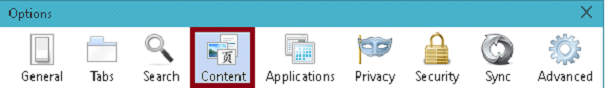content tab in firefox options window content tab in firefox options window