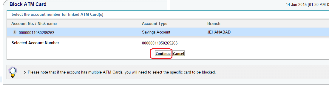 continue button on sbi atm card lost window