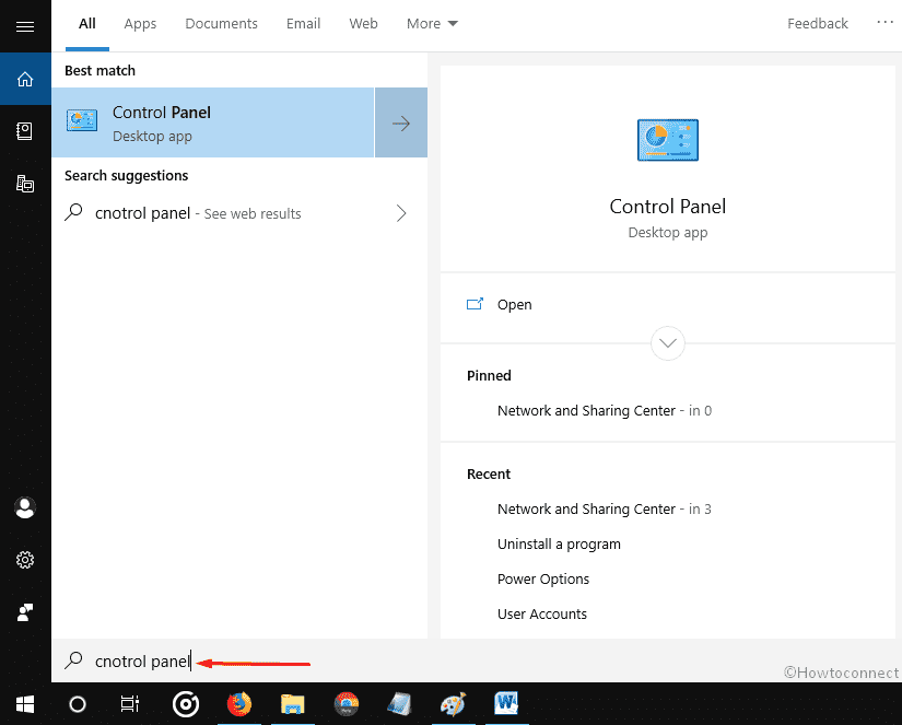 control panel Taskbar search