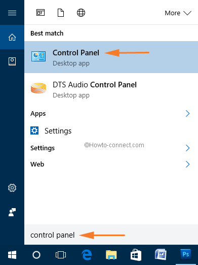 control panel search in start menu