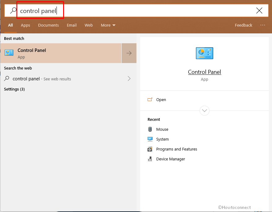 control panel option on Taskbar search in windows 10