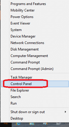 control panel option on winx menu