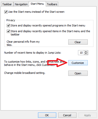 customize_button Show / Add / Pin Control Panel to Windows 10 Start Menu