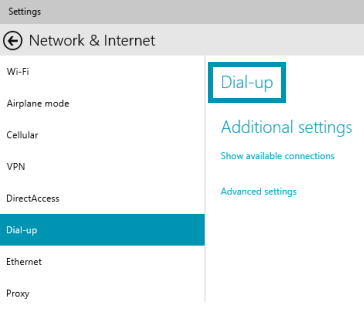 dial-up in network and internet settings