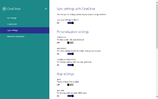 different settings options in sync settings
