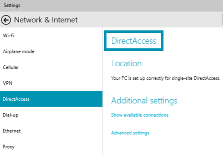 directaccess on network and internet settings