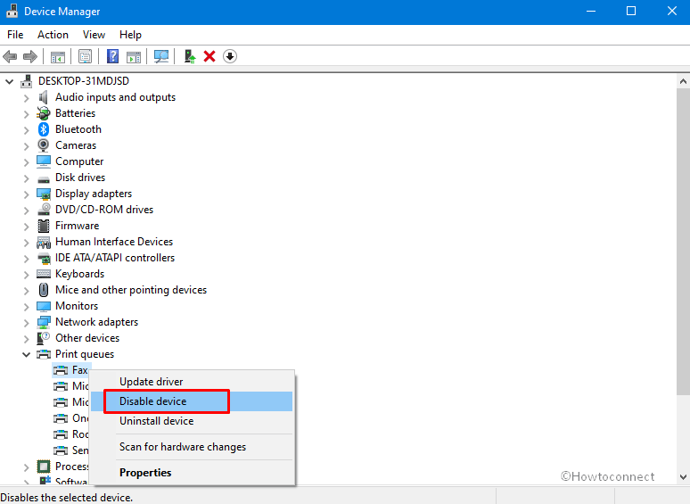 disable option on right click context menu of fax in device manager