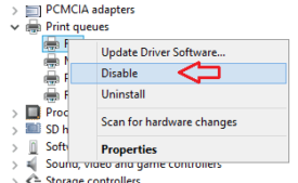 disable option on right click context menu of fax in device manager
