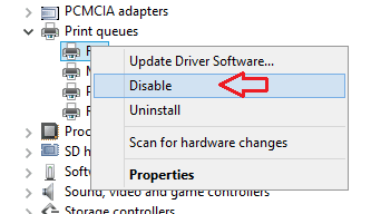 disable option on right click context menu of fax in device manager
