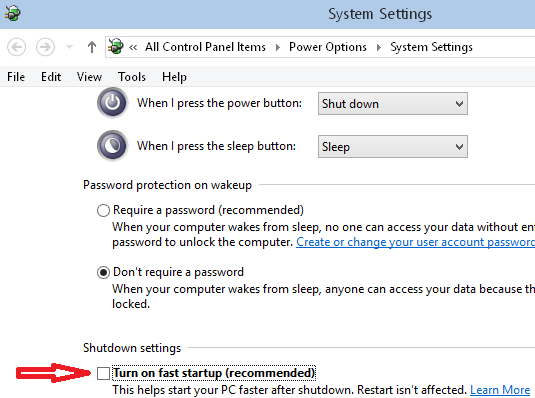 disable turn on faststartup on windows 10