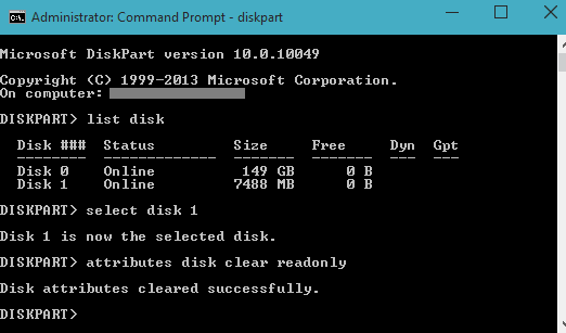 disk attribute cleared successfully message on command prompt