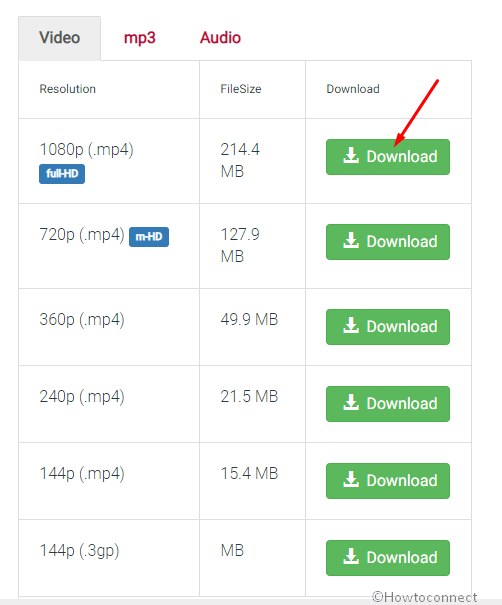 download button for different resolutions of videos