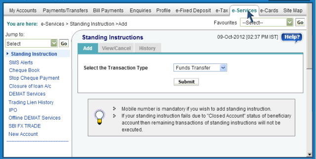 e-services tab SBI Online Banking Tips - Get Account Summary, Cheque Book
