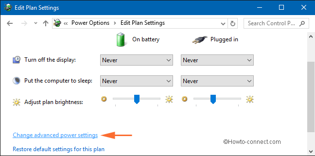 change advance power settingss link on edit plan settings window