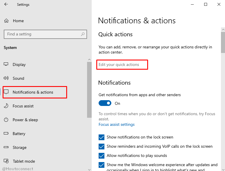 edit quick actions link in notifications and actions settings