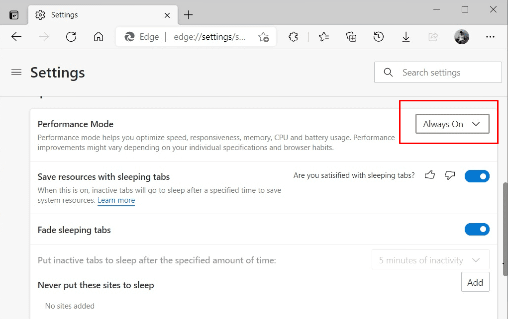 enable and disable performance mode in Microsoft Edge