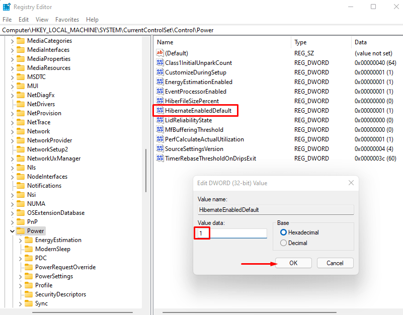 enable hibernate in windows 11 regedit