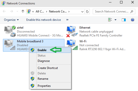 enable option in the right click context menu of mobile broadband