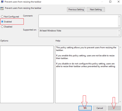 enabled option on prevent users from resize taskbar window