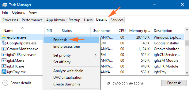 end task option on right click conext menu of explorer
