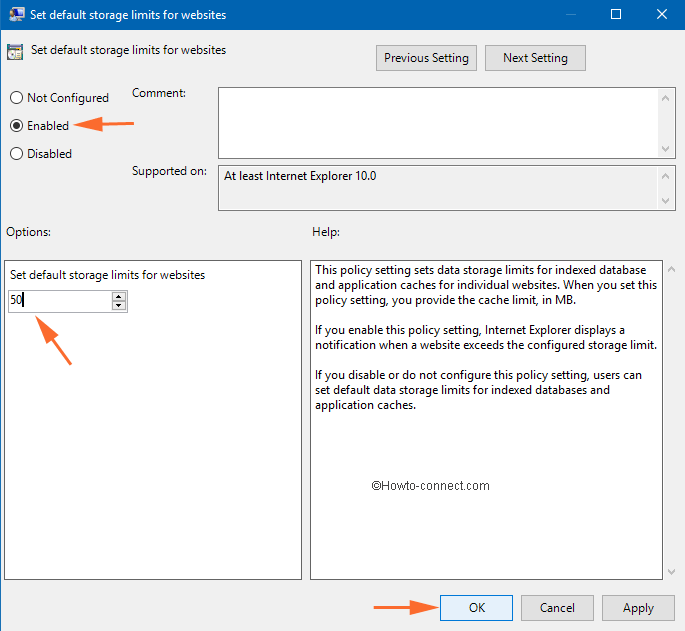 enter the limit of data storage Add More Data Storage for Sites to Internet Explorer (IE)