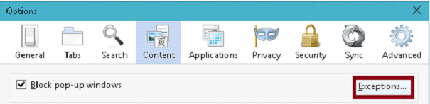 exceptions button on firefox options window exceptions button on firefox options window