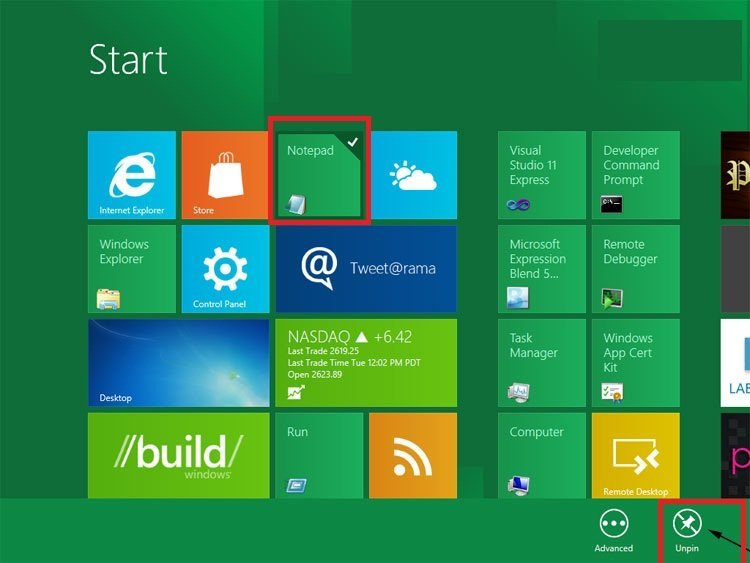 remove notepad tile from start screen