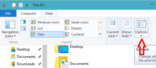 folder option on the ribbon of file explorer