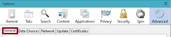 general tab on options window in firefox