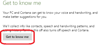 get to know me button on privacy