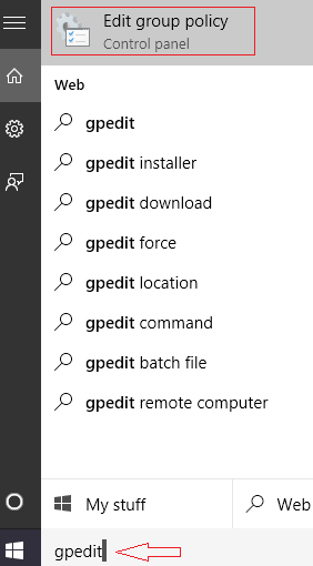 gpedit in cortana search and edit group policy in result