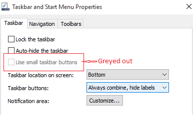 greyed out tahe use small taskbar button