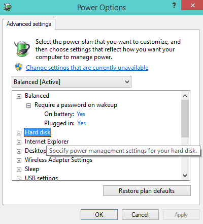 hard disk on power option in window 10