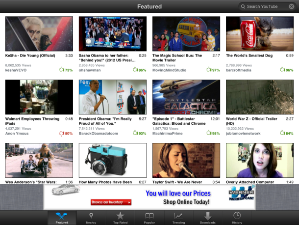 iPad Video Tube app main page