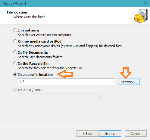 in a specific location browse button on file location window
