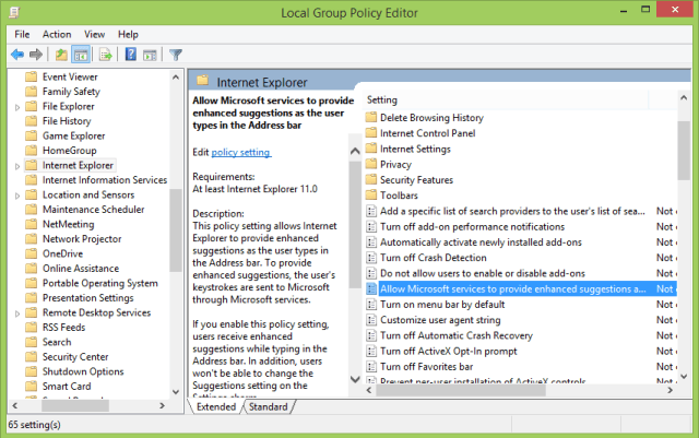 internet explorer in group policy editor