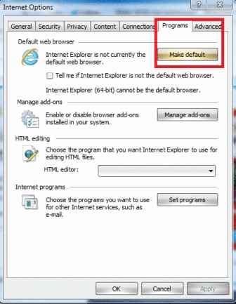 internet explorer set default browser