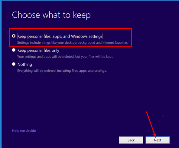 keep personal files apps and Windows Settings and next button