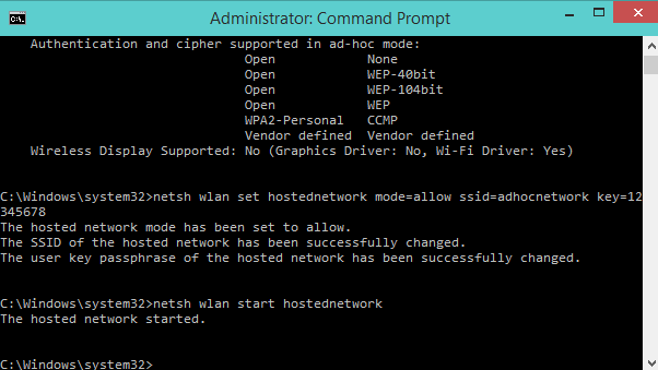 keypassphrase Create Wireless Ad Hoc Internet Connection on Windows 10
