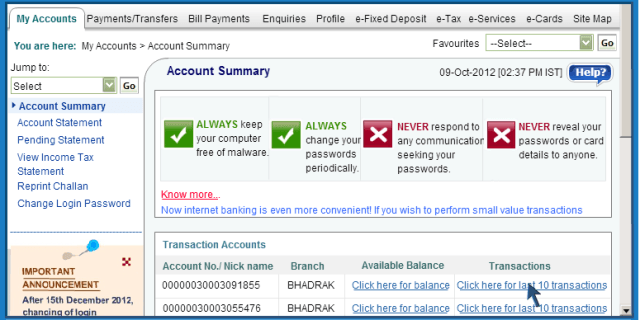 last 10 transactions SBI Online Banking Tips - Get Account Summary, Cheque Book