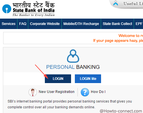 login button on personal banking in sbi