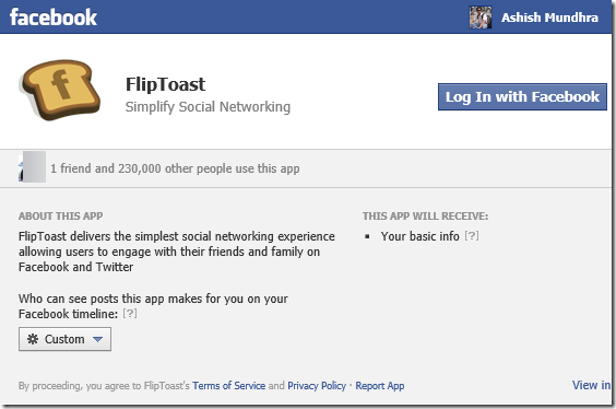 login with facebook from fliptoast app