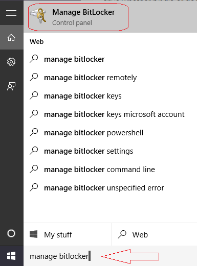 manage bitlocker cortana search