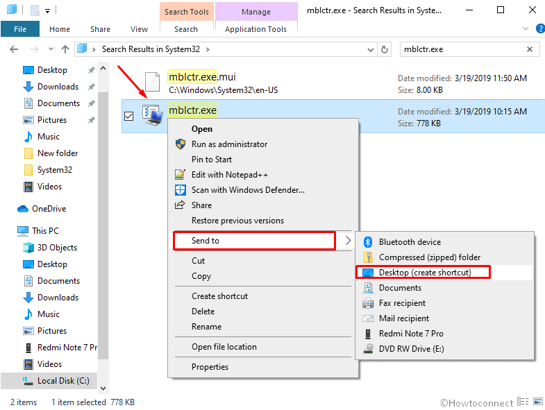 mblctr.exe send to create desktop shortcut
