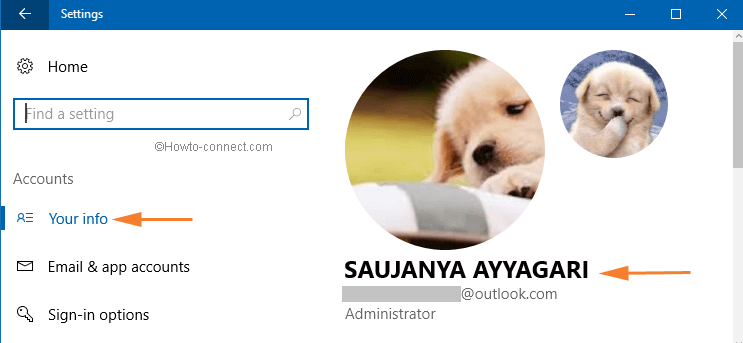Microsoft account name with email id under Your account