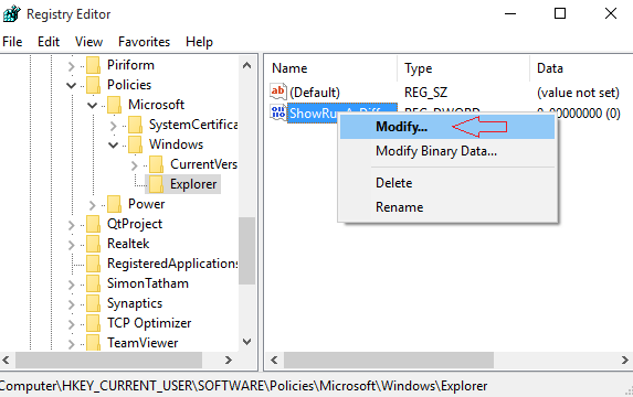 modify option on right click of showrunasotheruserinstart in registry editor