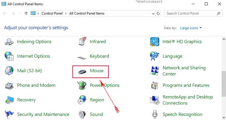 mouse link on control panel in windows 10