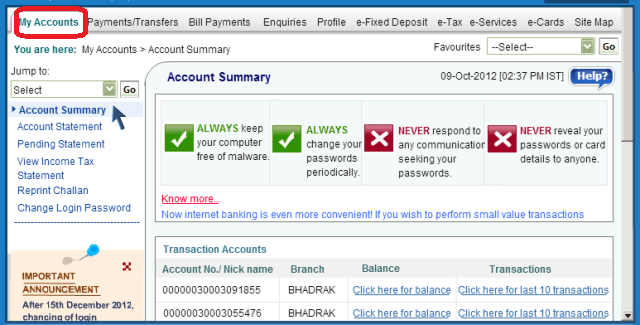 my-account SBI Online - Manage Add To Favorite, Find Transactions