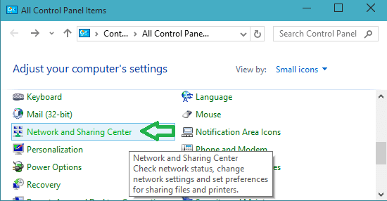 network and sharing center link on all control panel items window